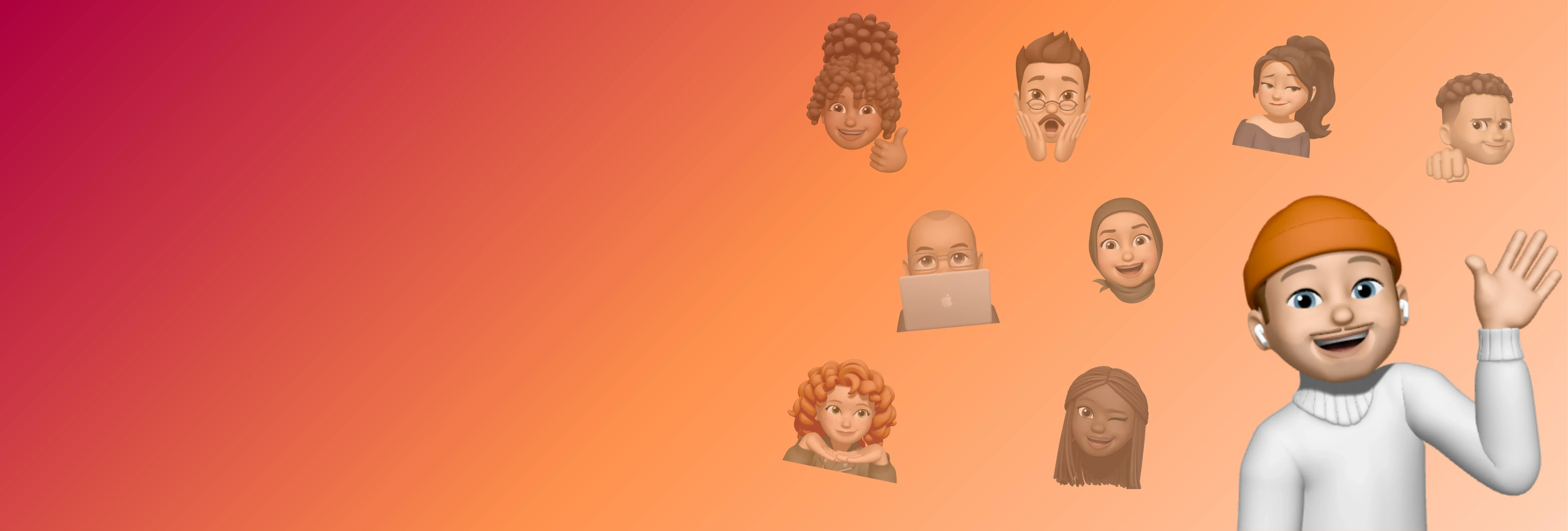 Memojis smiling on an orange gradient background